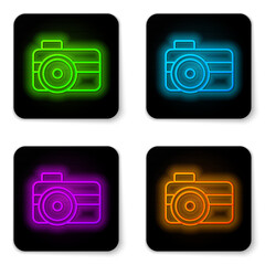 Glowing neon line Photo camera for diver icon isolated on white background. Foto camera icon. Diving underwater equipment. Black square button. Vector