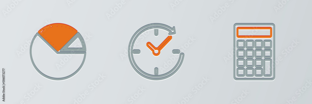 Poster set line calculator, pie chart infographic and clock with arrow icon. vector