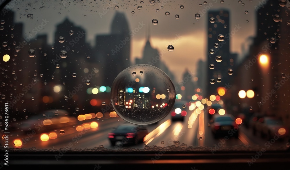 Poster a view of a city from a car window with raindrops. generative ai