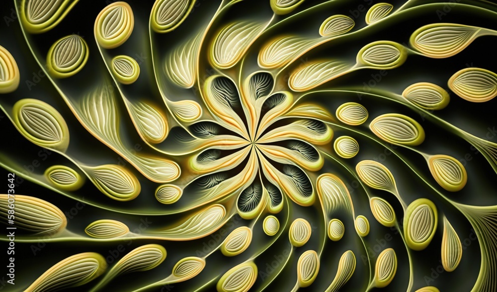 Poster a computer generated image of a green and yellow flower design. generative ai