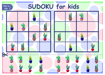 Solve the sudoku puzzle. Logic puzzle for kids. Education game for children. Worksheet vector design for schoolers. cactus