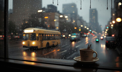 Naklejka na ściany i meble a coffee cup sitting on a window sill in the rain. generative ai