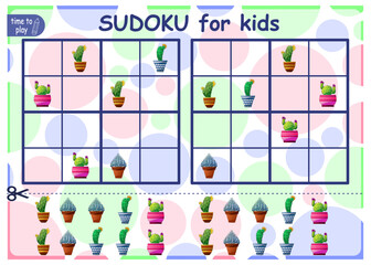 Solve the sudoku puzzle. Logic puzzle for kids. Education game for children. Worksheet vector design for schoolers. cactus