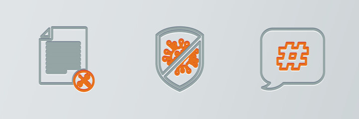 Set line Hashtag speech bubble, File document service and Stop virus, bacteria icon. Vector