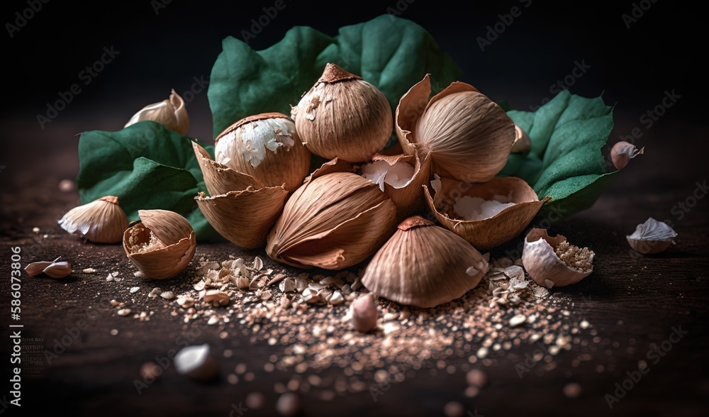 Poster a pile of nuts and leaves on a wooden table with a dark background. generative ai