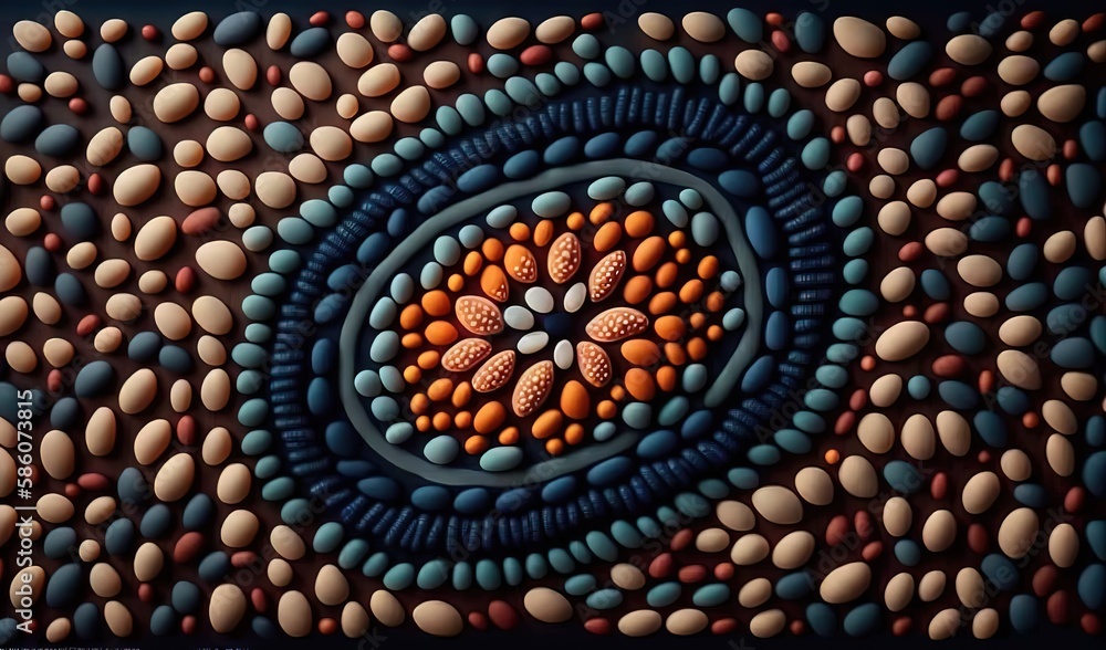 Poster a painting of rocks and pebbles with a circular design in the center. generative ai