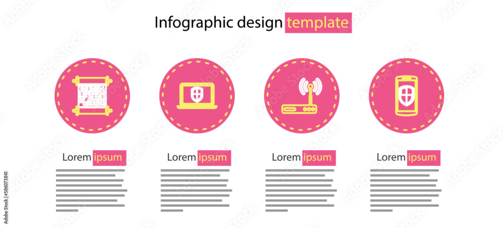Poster set line router and wi-fi, money protection, server with shield and paper scroll icon. vector