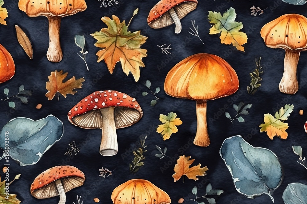Aufkleber illustration of mushrooms and leaves on a black background created with generative ai technology