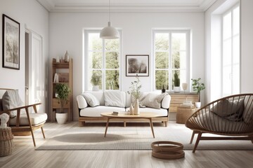 cozy and stylish living room with natural light filtering through the windows created with Generative AI technology