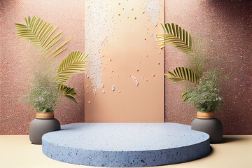 Minimal modern product display cosmetic products, empty scene Cylindrical podium with green leaves products presentation, Generative AI
