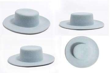 Set of 4 angles Stilish summer blue hat for women, isolated white background.
