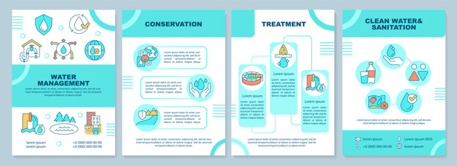 Water management mint brochure template. Freshwater protection. Leaflet design with linear icons. Editable 4 vector layouts for presentation, annual reports. Arial-Black, Myriad Pro-Regular fonts used