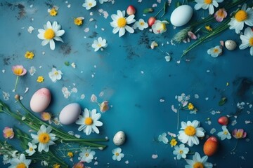 Fototapeta na wymiar Illustration of colorful spring flowers and Easter eggs arranged on a vibrant blue background created with Generative AI technology