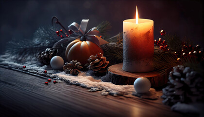 Burning candle and Christmas decoration over snow and wooden background with festive mood with Generative AI Technology