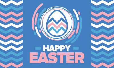 Happy Easter in April. Christian spring holiday in honor of the resurrection of Christ. Biblical history. Traditional dyeing eggs with patterns, fun game for children searching for easter eggs. Vector