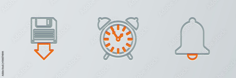 Poster set line ringing bell, floppy disk backup and alarm clock icon. vector