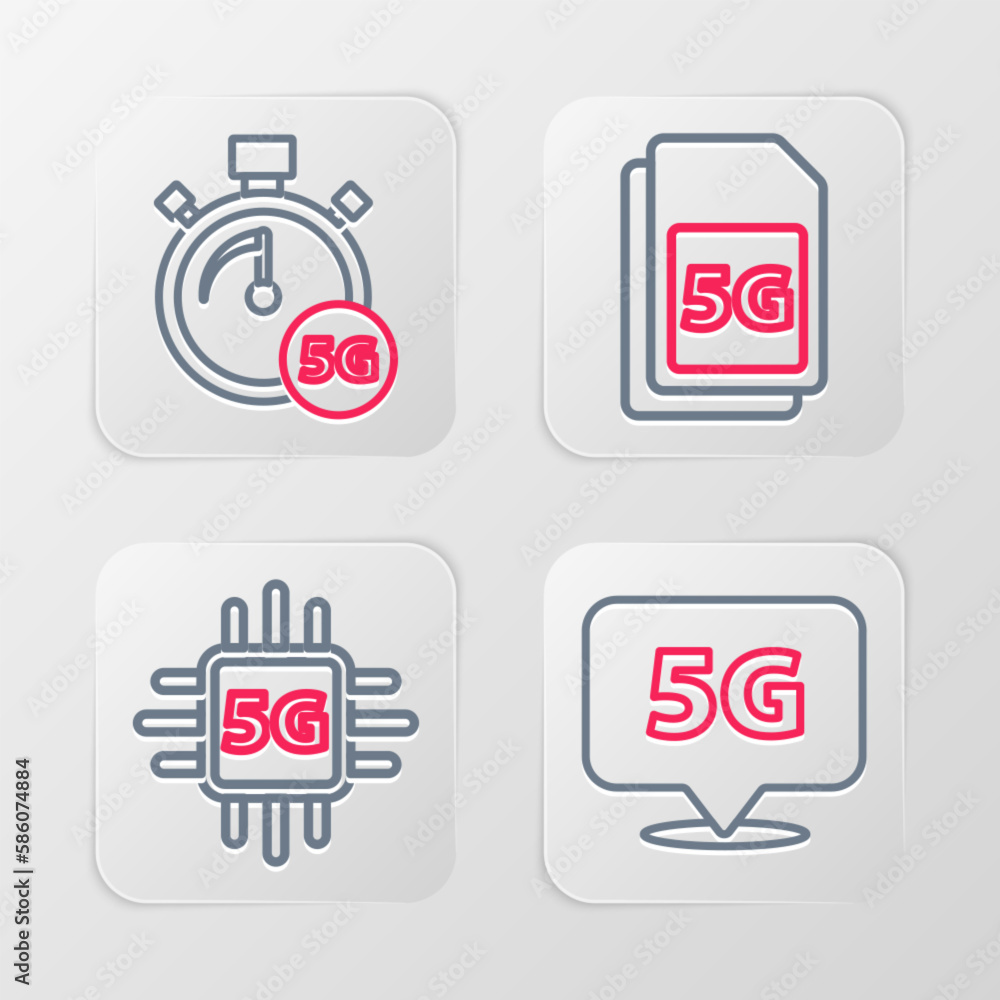 Poster set line location 5g network, processor, sim card and digital speed meter icon. vector