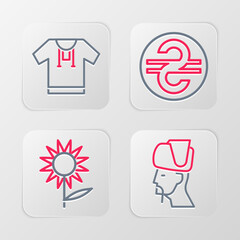 Set line Ukrainian cossack, Sunflower, hryvnia and Embroidered shirt icon. Vector