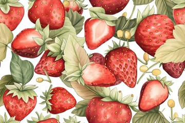 seamless pattern featuring vibrant red strawberries and green leaves on a clean white background created with Generative AI technology