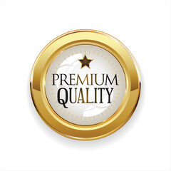 Premium quality golden badge isolated on white background 