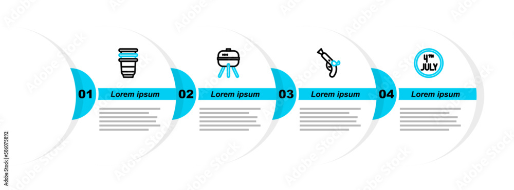 Sticker Set line Calendar with date July 4, Vintage pistols, Barbecue grill and Paper glass icon. Vector