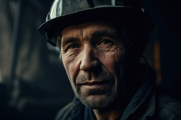 miner with a dirty face in helmet at work in coal mine. Generative AI