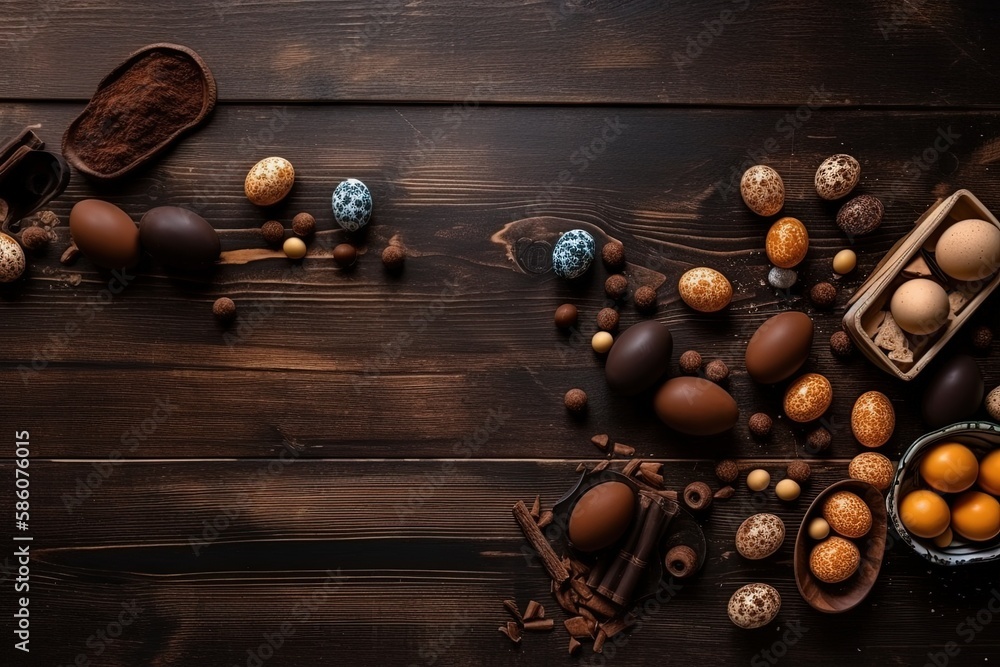 Aufkleber festive table filled with colorful chocolate eggs created with generative ai technology