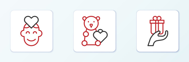 Set line Give gift, Volunteer and Donate child toys icon. Vector