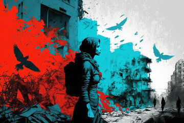 Human souls in war-torn city.