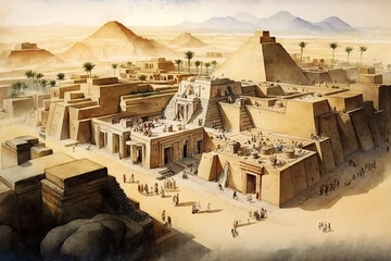 Sumerian Civilization drawing with bit of watercolour. - obrazy, fototapety, plakaty