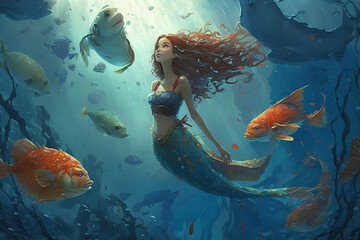 Stunning cartoon underwater world with mermaid.