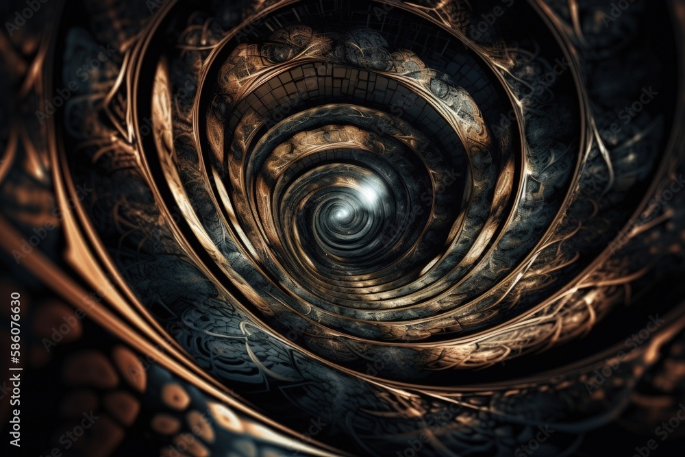 Poster golden and black spiral with a glowing light at the end created with generative ai technology