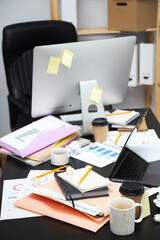 Messy office workplace, workplace and workspace concept