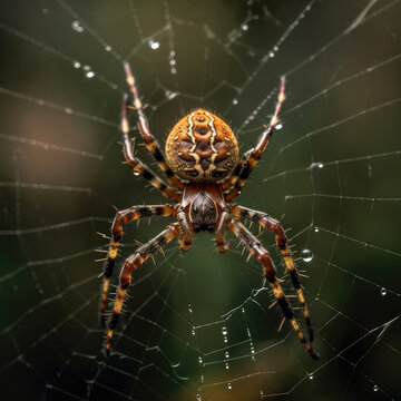 Une araignée jaune et marron tissant sa toile. Des perles d'eau y sont prise au piège