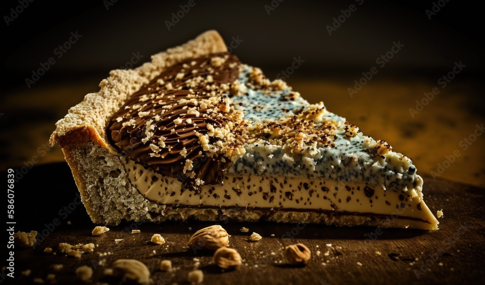 Poster a piece of cake with nuts on a table with a dark background. generative ai
