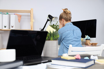 Messy office workplace, workplace and workspace concept