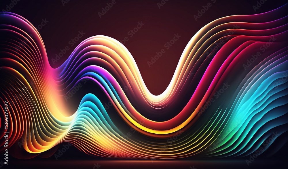 Poster a colorful wave of lines on a dark background with a black background. generative ai