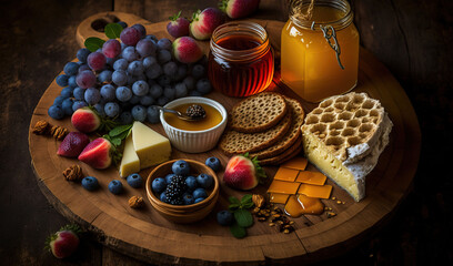  a wooden plate topped with fruit and cheese next to a jar of honey.  generative ai
