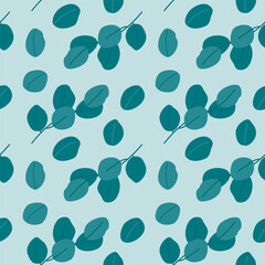 Seamless pattern of twigs with leaves on a light green background. The plant is flat. Vector background.