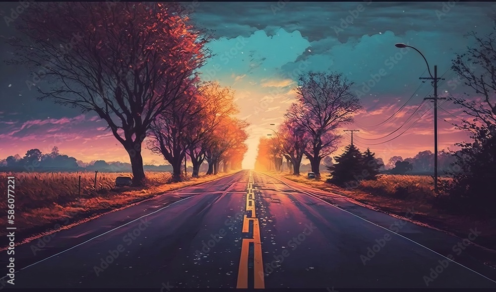Wall mural  a painting of a road with trees and a sky background.  generative ai - Wall murals