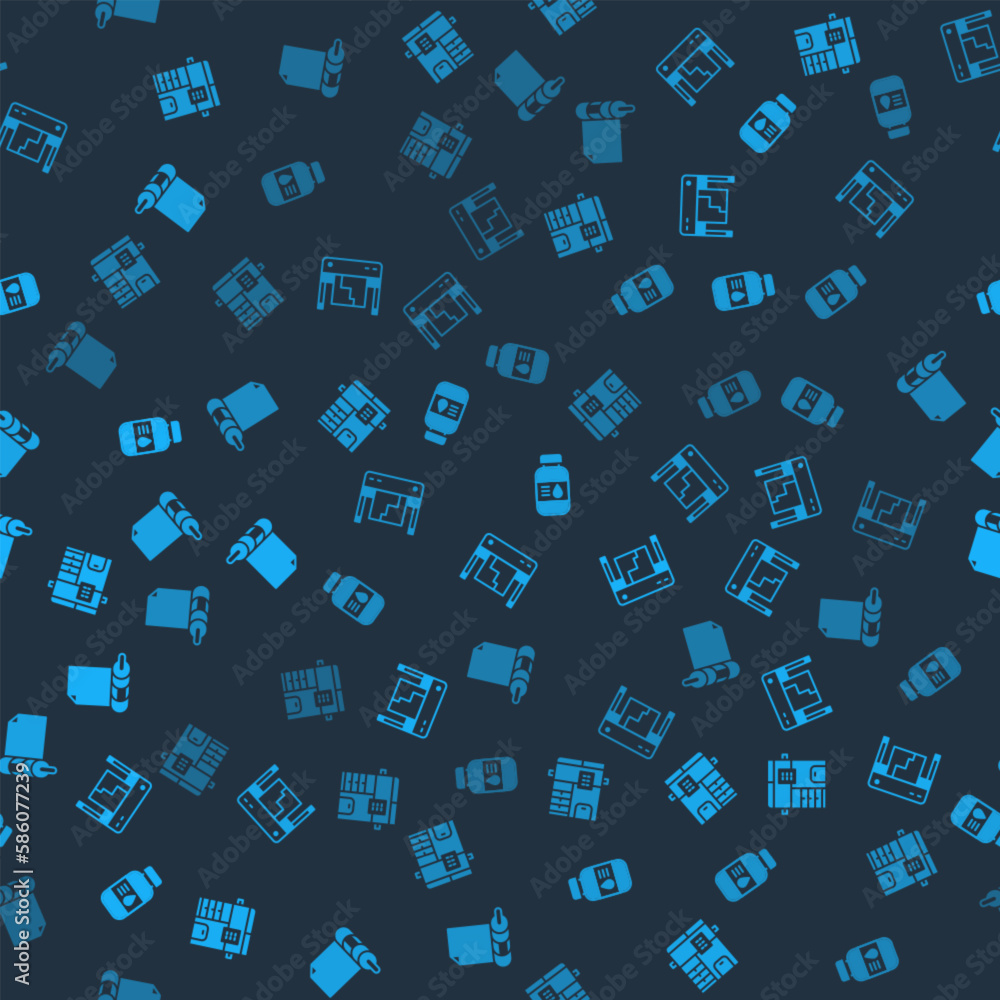Poster set copy machine, plotter, printer ink bottle and roll of paper on seamless pattern. vector