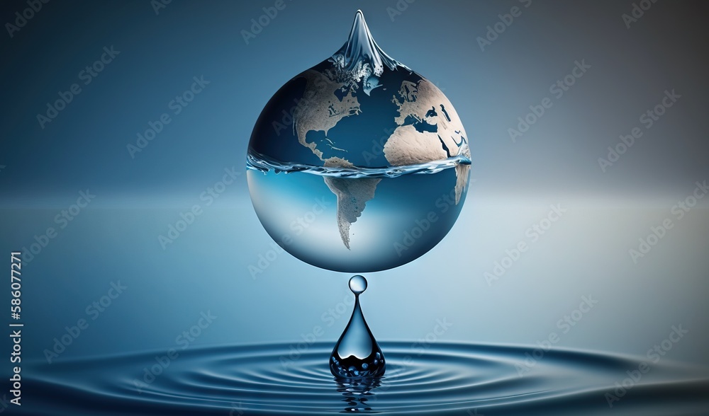 Poster a drop of water with a picture of the earth in it. generative ai