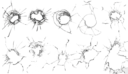 Set of broken glass on a white background. Shrapnel breaking through the window. Cracked window texture, damage concept.