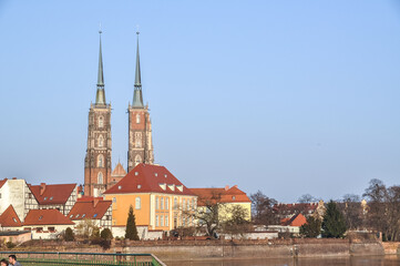 two towers of the cathedral in Wroclaw in Poland panorama of the city