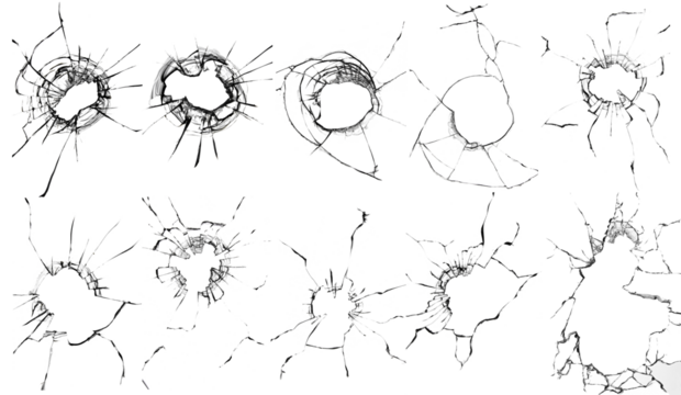 Set of broken glass on a white background. Shrapnel breaking through the window. Cracked window texture, damage concept.