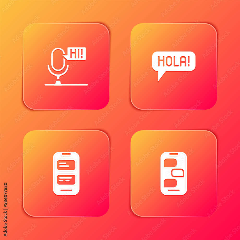 Poster set microphone voice device, hola in different languages, online translator and new chat messages no