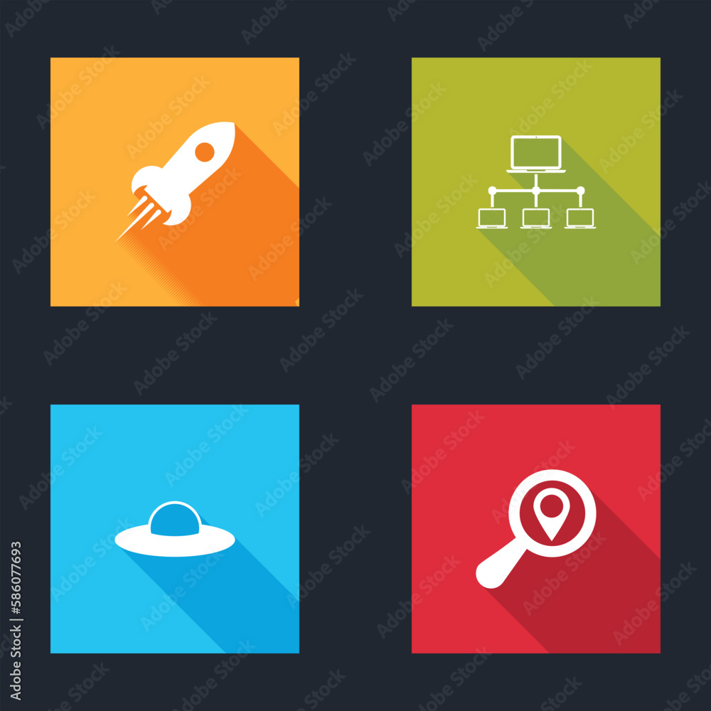 Poster set rocket ship with fire, computer network, ufo flying spaceship and search location icon. vector