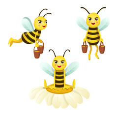 Set of funny cartoon bees. A bee sits on a flower. Bees carry nectar, honey in buckets. Cartoon bee for children on a white background