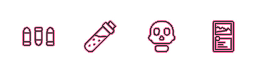 Set line Bullet, Skull, Bottle with potion and Card game collection icon. Vector