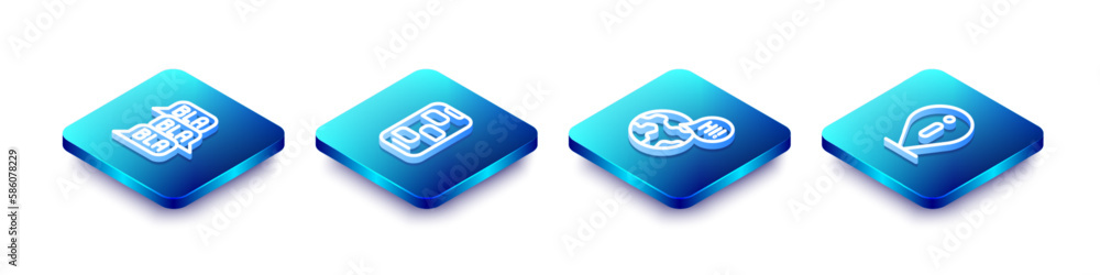 Poster set isometric line speech bubble chat, new messages notification, learning foreign languages and inf